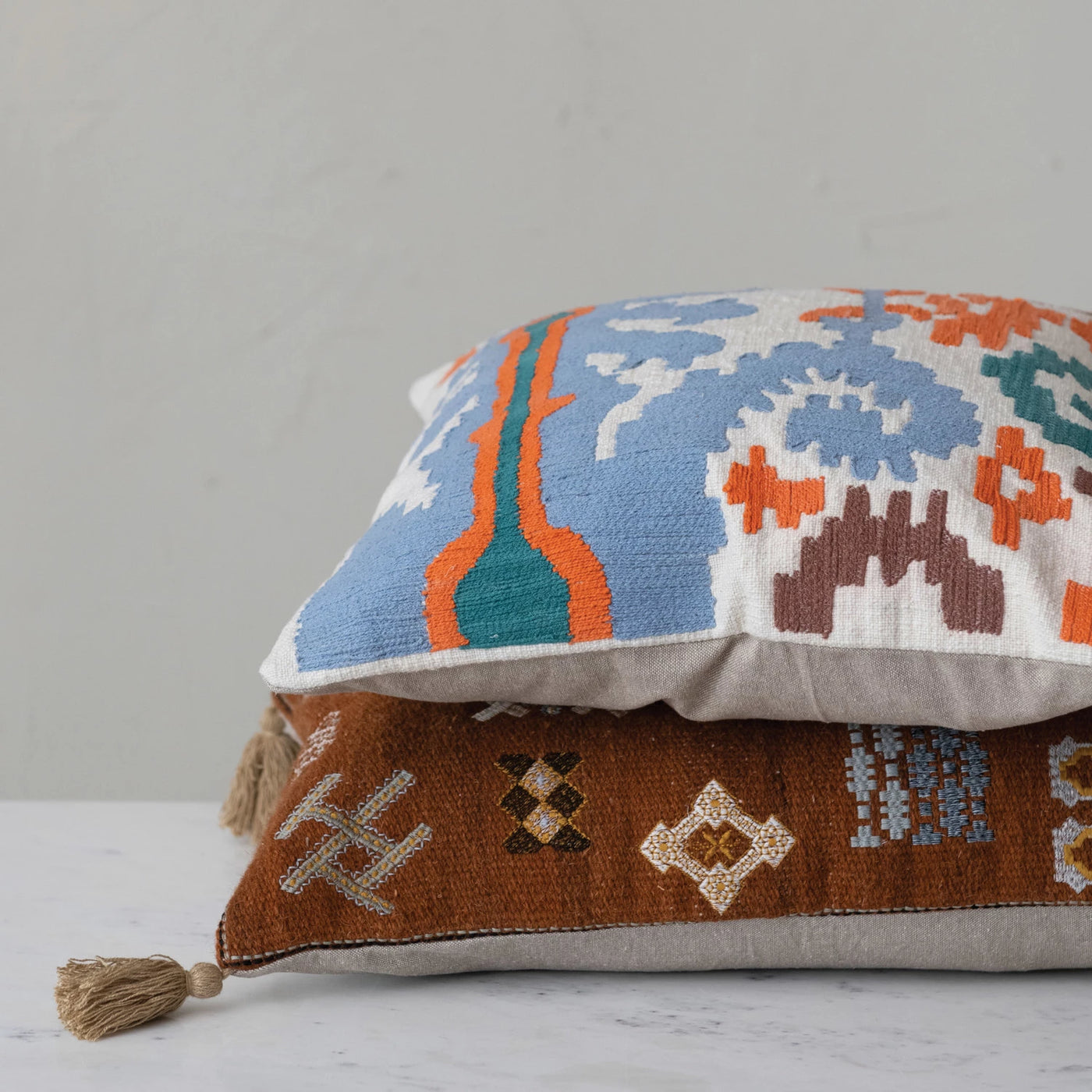 Wool & Cotton Embroidered Lumbar Pillow w/ Chambray Back & Tassels