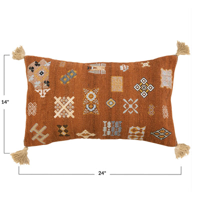 Wool & Cotton Embroidered Lumbar Pillow w/ Chambray Back & Tassels