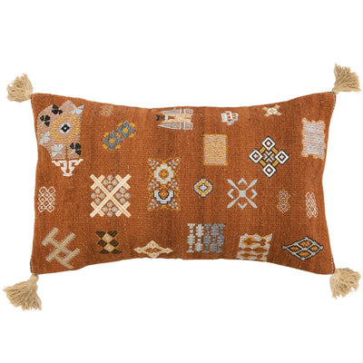 Wool & Cotton Embroidered Lumbar Pillow w/ Chambray Back & Tassels