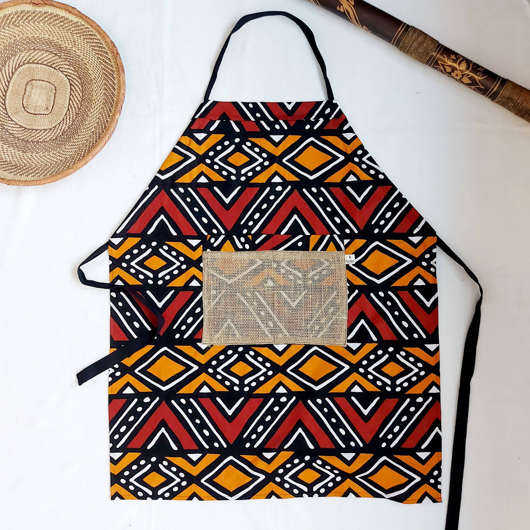 African Tribal Ethnic Bogolan Print Apron with Burlap Pocket 2