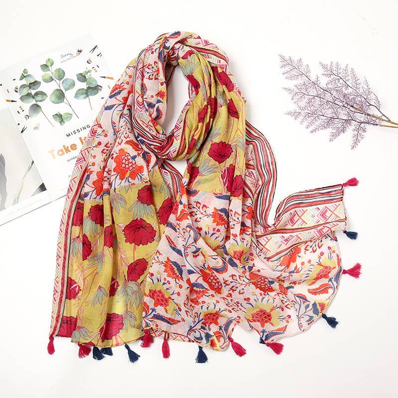 Autumn Orange Flowers Soft Voile Red Floral Scarf