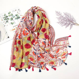 Autumn Orange Flowers Soft Voile Red Floral Scarf