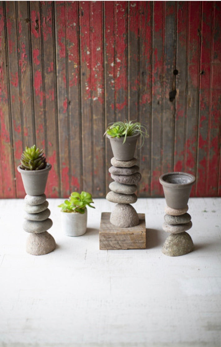 Set of Three Clay Planters on River Rock Bases